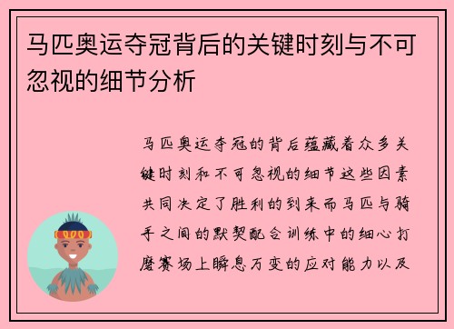 马匹奥运夺冠背后的关键时刻与不可忽视的细节分析