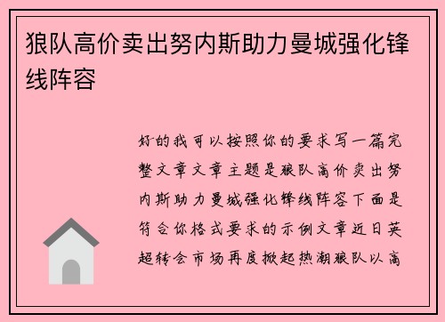 狼队高价卖出努内斯助力曼城强化锋线阵容