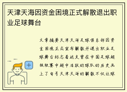 天津天海因资金困境正式解散退出职业足球舞台 天津天海因资金困境正式解散退出职业足球舞台